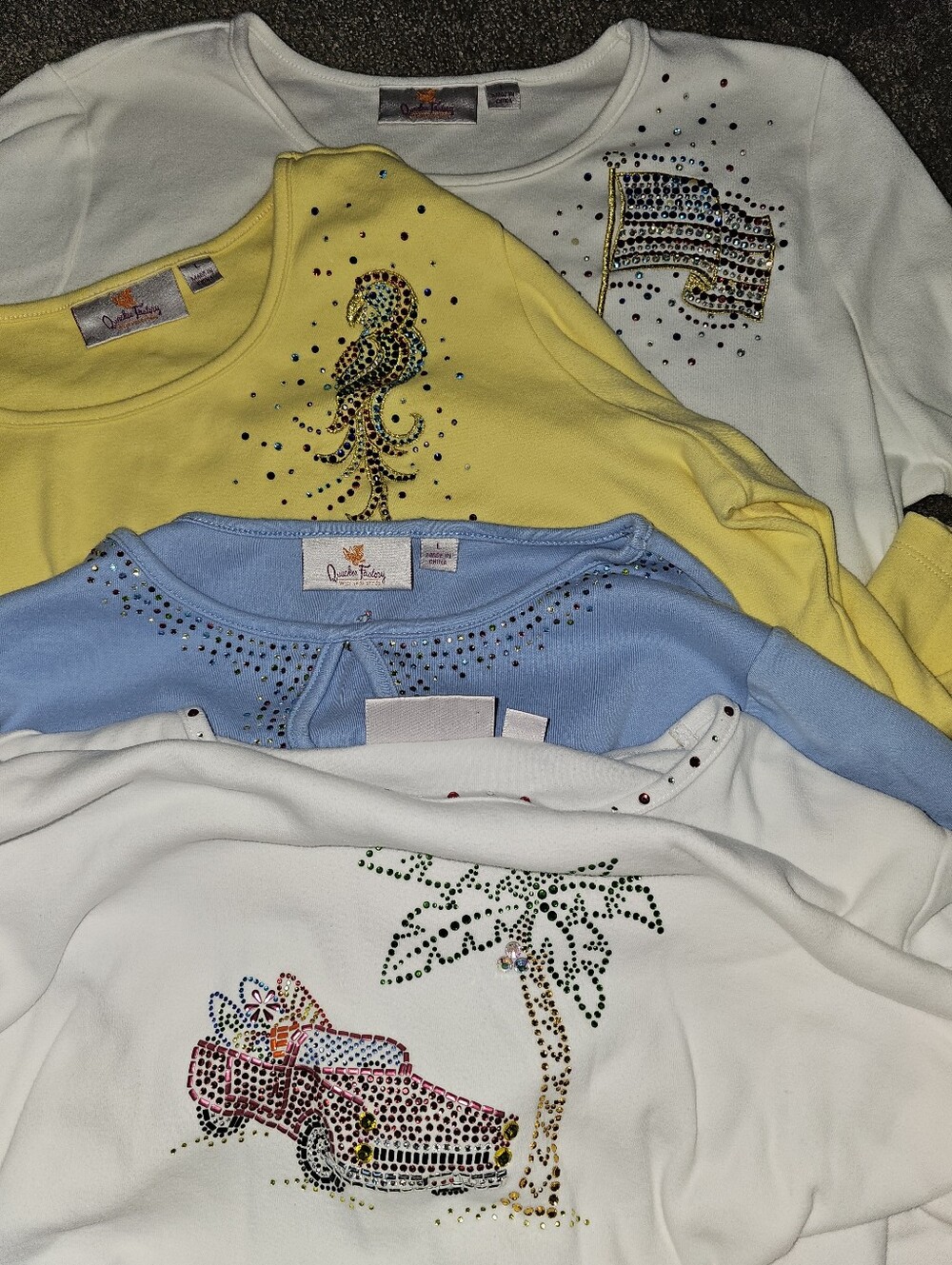 Quacker Factory Lot Of 4 - 100% Cotton 3/4 Sleeve Rhinestone Sparkle Shirts Sz L